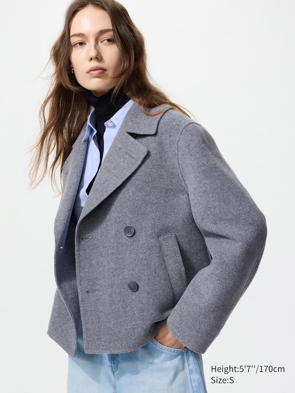 Grey Double-Breasted Pea Coat with Layered Necklines — Wool Coat Outfits