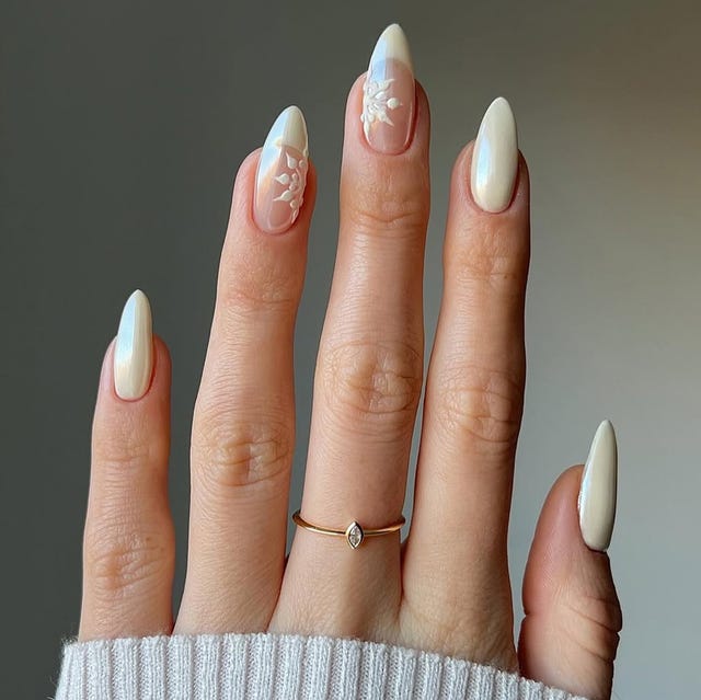 Long Almond Pearl Snowflakes — Winter Nails for Teens