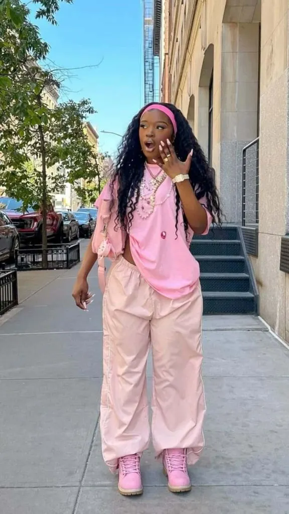 Monochromatic Pink Power: Full Cargo Look — Timberland Boots Outfits