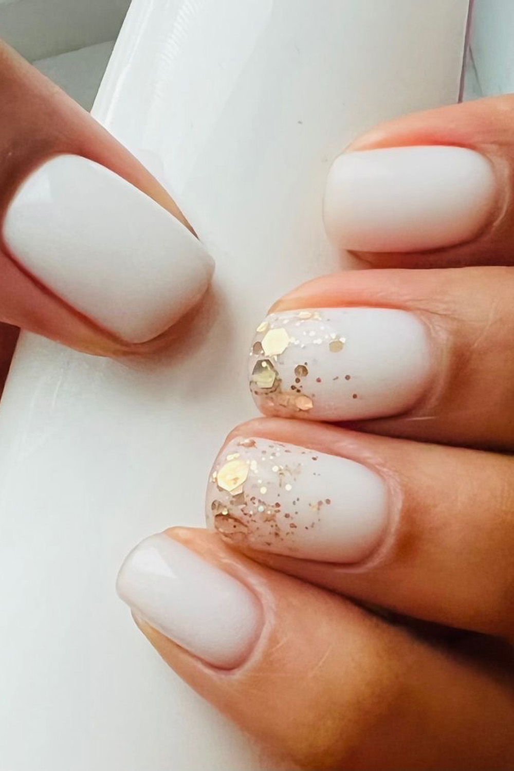 Short Square White with Gold Glitter Accents — Winter Wedding Guest Nails