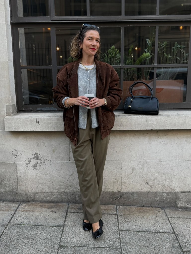 Bomber Jacket and Wide-Leg Trousers for Church — Winter Church Outfits