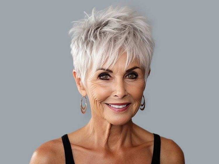 короткая до ушей Textured Grey Pixie With Side Sweep — Winter Haircuts for Women Over 60