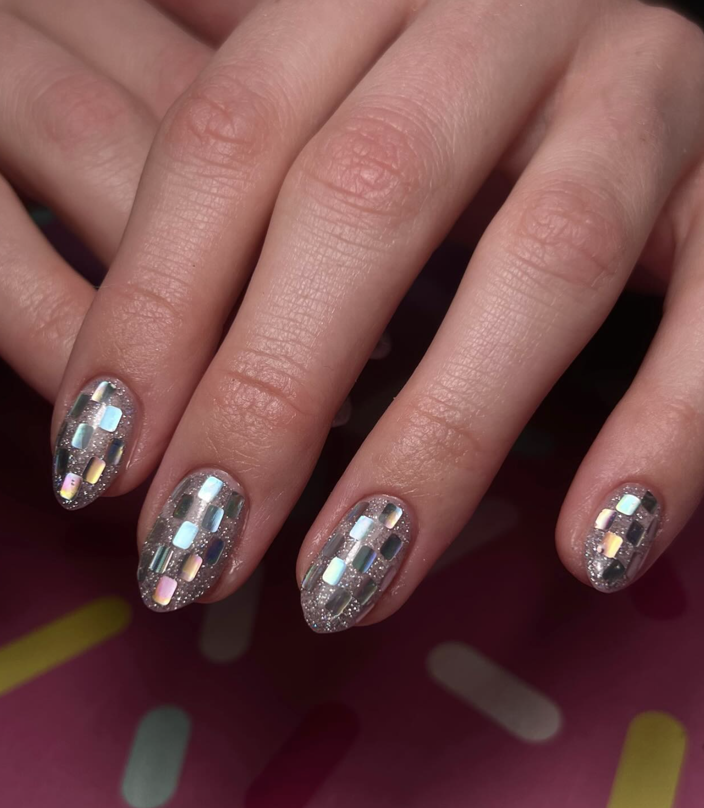 Shimmering Mosaic Short Almond Nails Shimmering Mosaic Short Almond Nails β Classy New Years Nails 2027