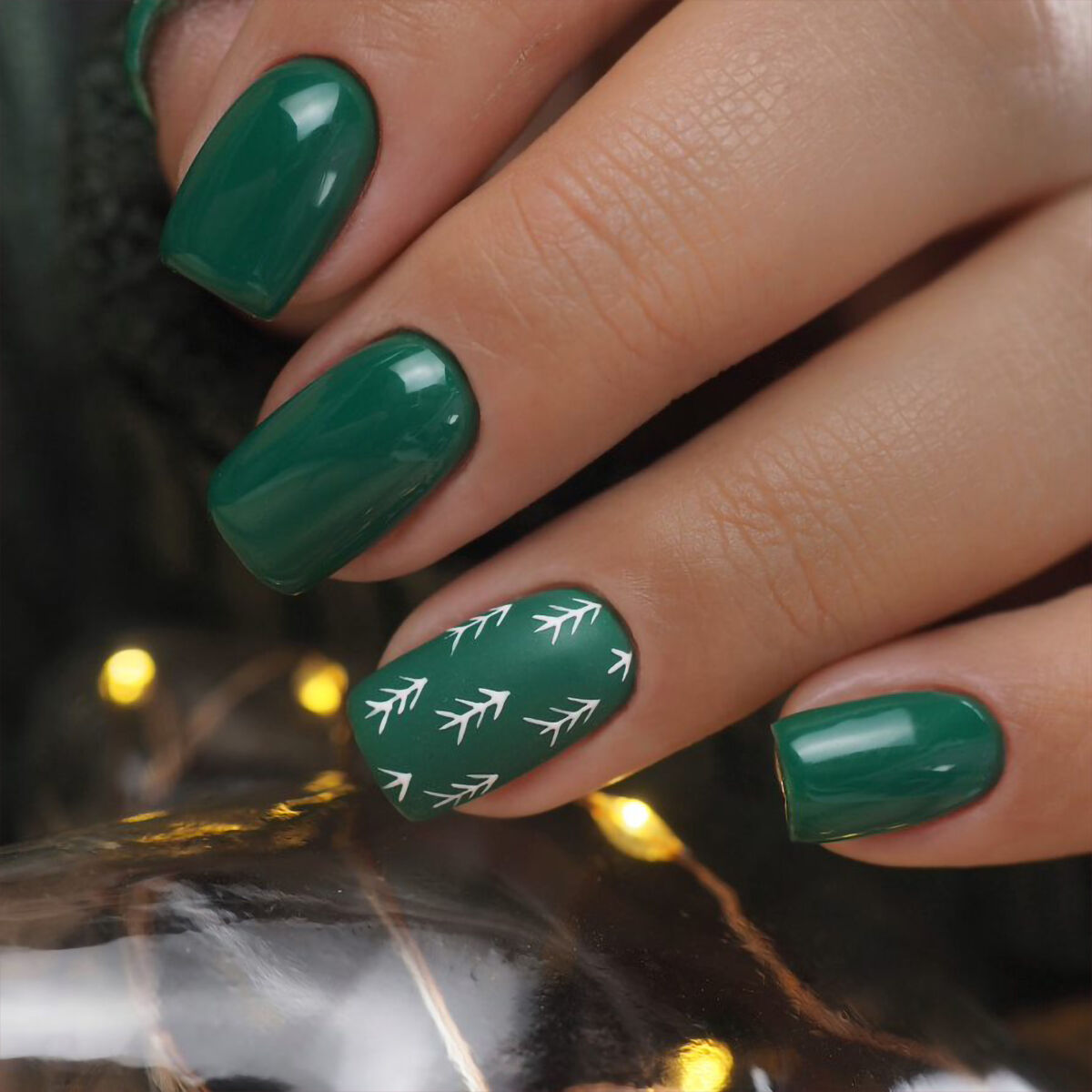 Deep Green with White Tree Motifs Nails Deep Green with White Tree Motifs Nails β Winter Green Nails