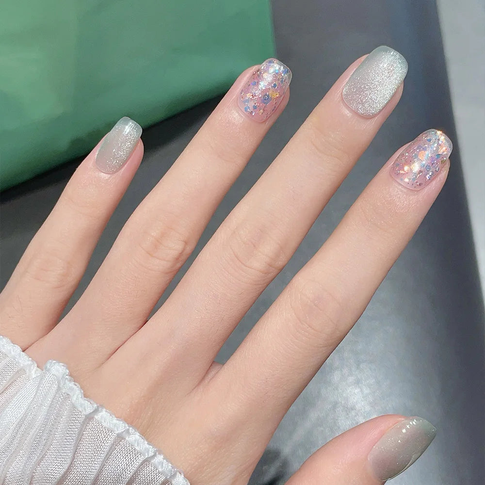 Pale Blue Glitter Accent Nails Pale Blue Glitter Accent Nails β Short Winter Square Nails