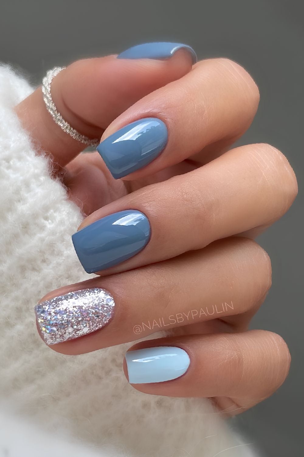 Glitter On One Accent Nail Muted Blue with Silver Glitter Accent — Winter Glitter Nails
