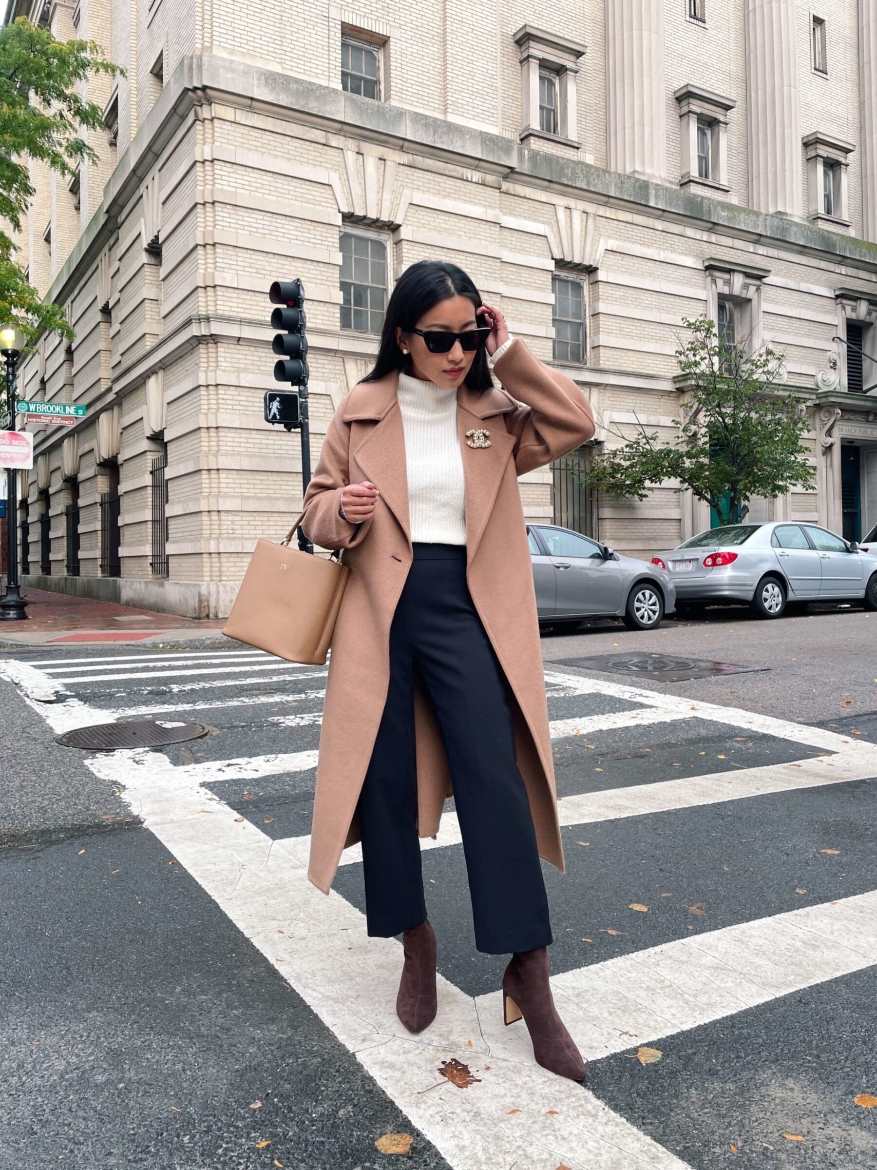 Classic Camel Coat With White Turtleneck And Navy Trousers — Camel Coat Outfits