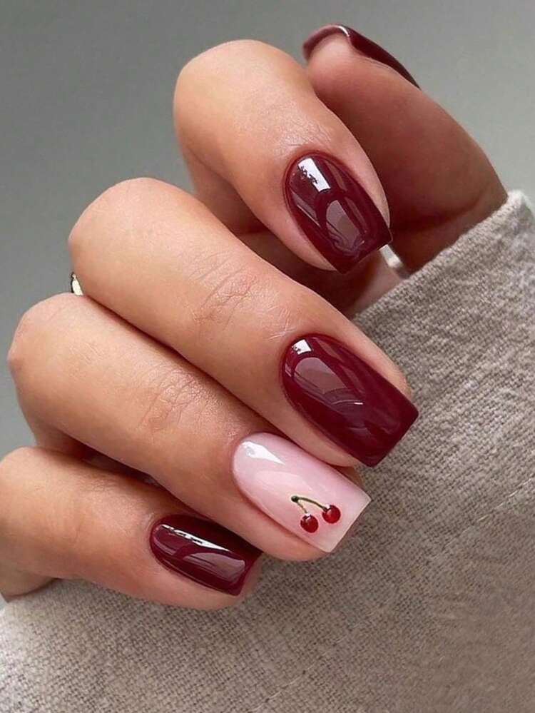 Long Stiletto French with 3D Cherries — Cherry Red Nails
