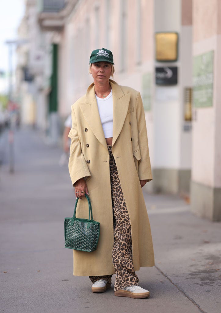 Leopard Trousers and Beige Trench with White Sneakers — Winter Outfits with Sneakers