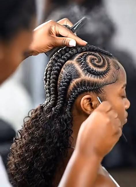 Natural Black Braids with Spiral Cornrow Design — Winter Braid Colors for Black Women
