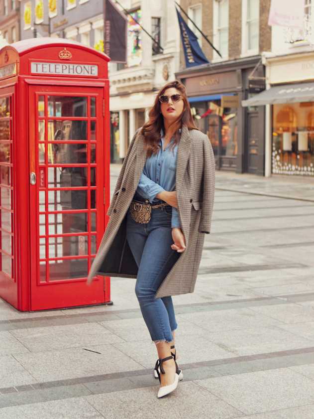 Patterned Coat and Denim: London Landmark Style — London Winter Outfits