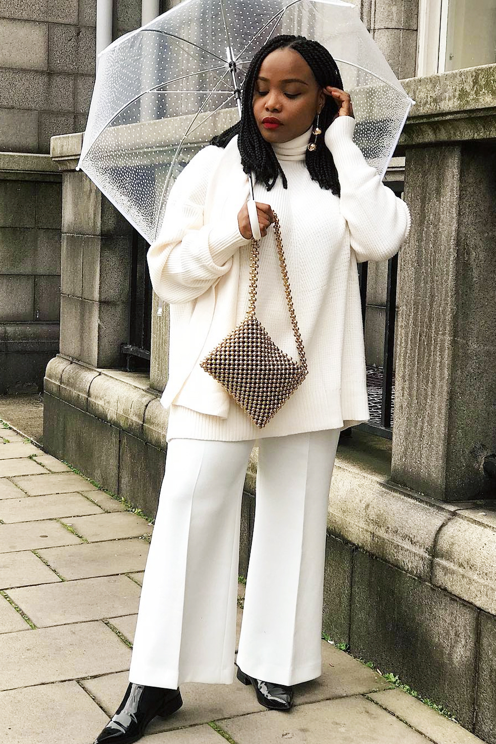 Chic Cream Ensemble with Sparkly Clutch — Cold Weather Outfits