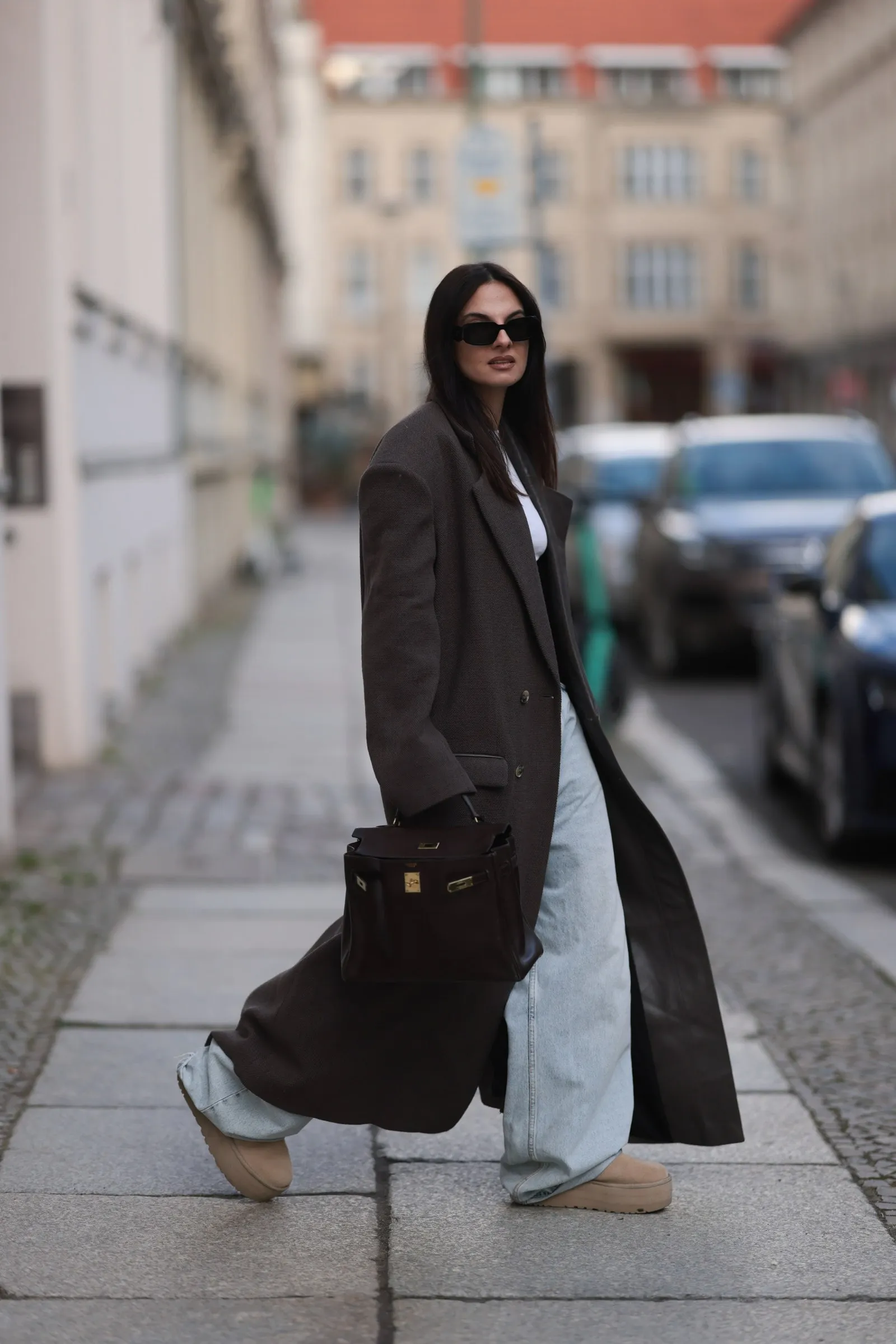 Voluminous Dark Brown Coat with Wide-Leg Denim — February Outfits