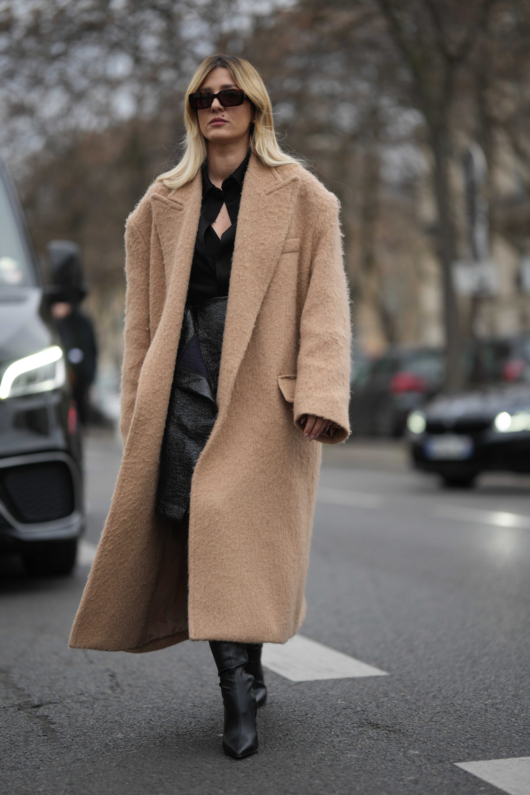 Textured Camel Coat with Silk Blouse — Brown Coat Outfits