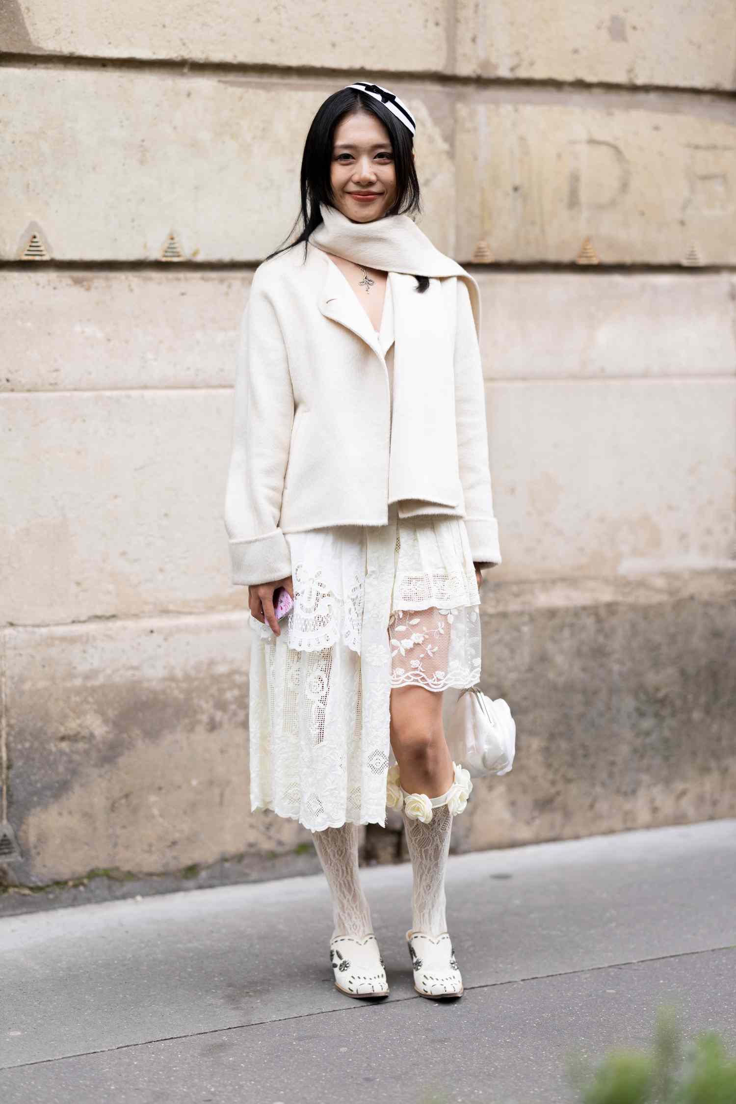 All White Lace Dress with Cropped Jacket — Winter White Outfits