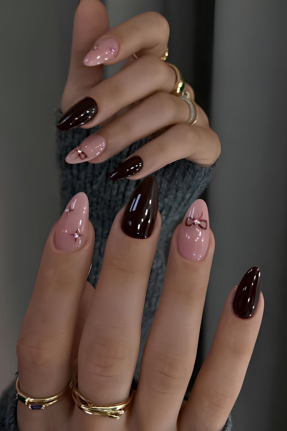 Pale Pink and Deep Brown Glossy Almonds — Winter Date Night Nails