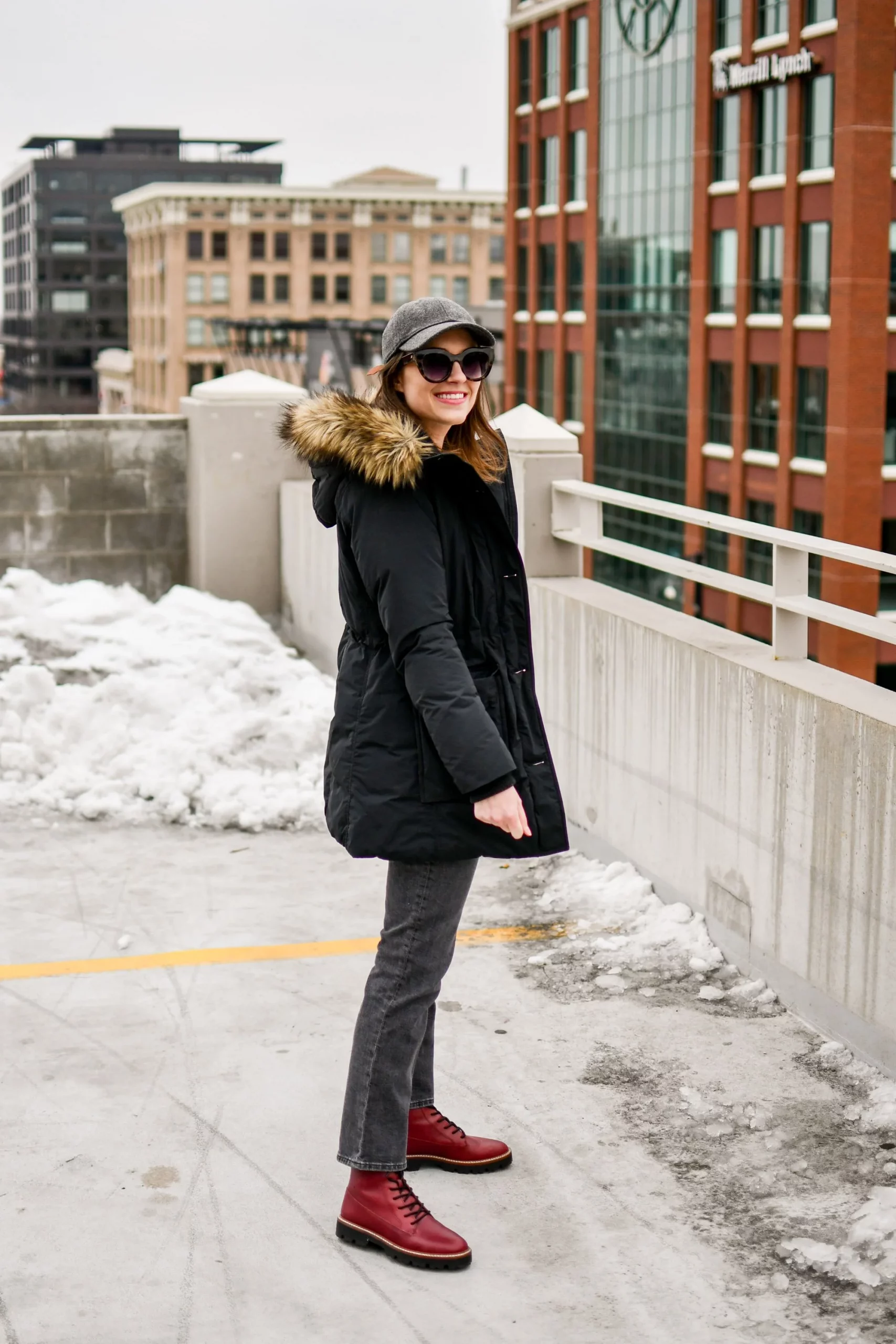 Puffer Coat with Fur Trim and Bold Red Boots Puffer Coat with Fur Trim and Bold Red Boots β Winter Outfits for Petite Women