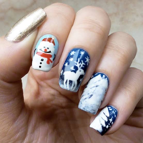 Hand-Painted Winter Scene Square Nails — Winter Nail Art