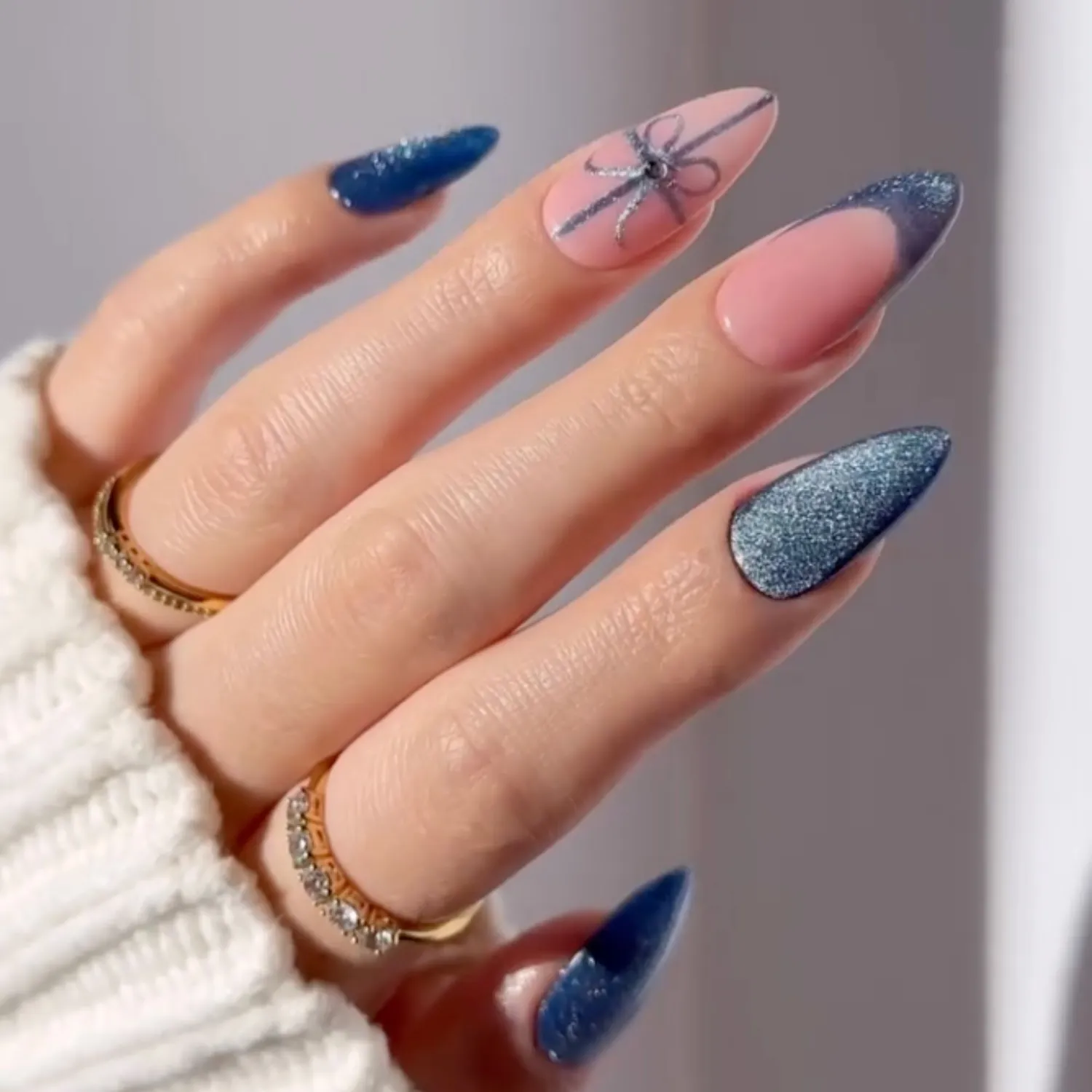 Deep Blue Silver Bow Stiletto Nails Deep Blue Silver Bow Stiletto Nails β Holiday Nails 2026