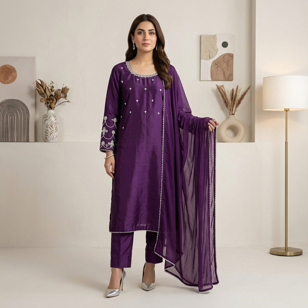 Royal Purple Silk Kurta Set with Silver Accents Royal Purple Silk Kurta Set with Silver Accents β Royal Purple Outfits