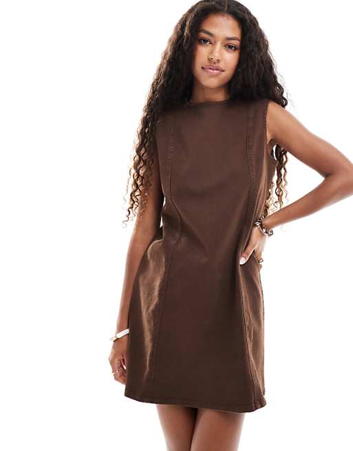 Chocolate Brown Denim Mini Dress with Contrast Stitching Chocolate Brown Denim Mini Dress with Contrast Stitching β Chocolate Brown Outfits