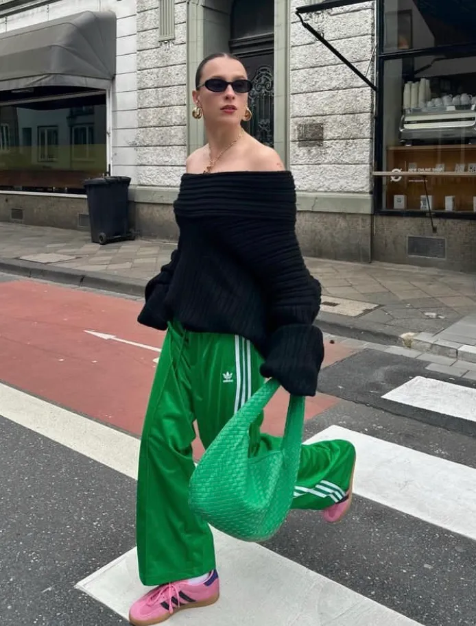 Off-the-Shoulder Sweater with Bright Track Pants Off-the-Shoulder Sweater with Bright Track Pants β Baddie Winter Outfits