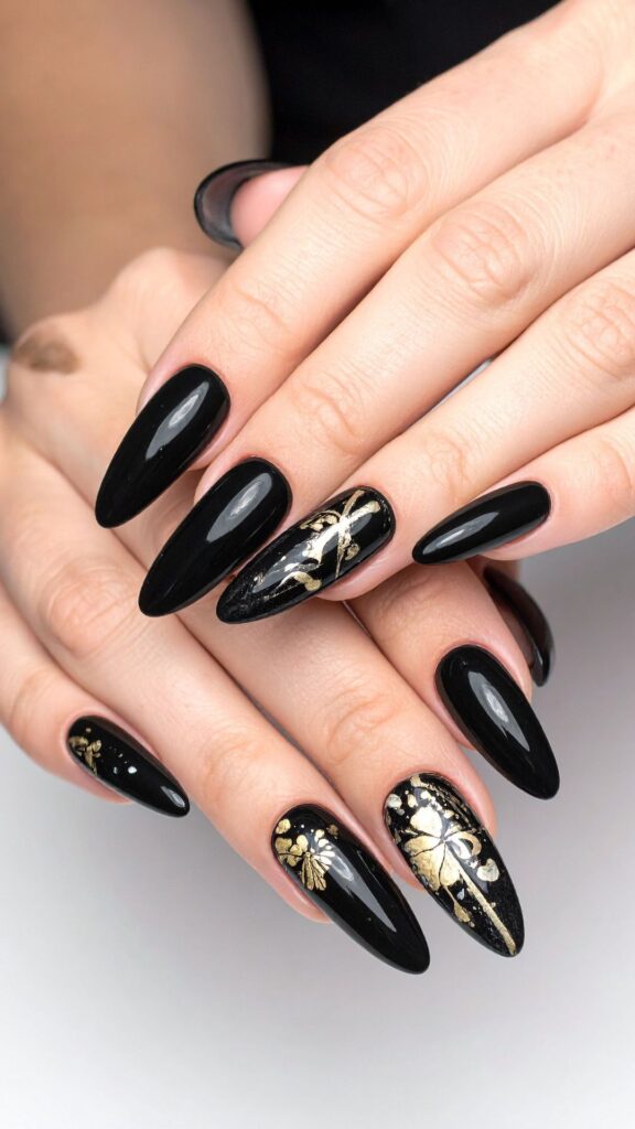 Glossy Black with Gold Foil Accents Stiletto Nails Glossy Black with Gold Foil Accents Stiletto Nails β New Years Nail Designs 2027