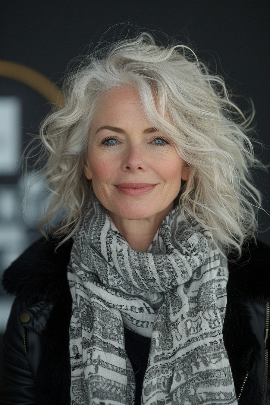 Silver White Curly Shoulder Length Silver White Curly Shoulder Length β Winter Hairstyles for Women Over 50