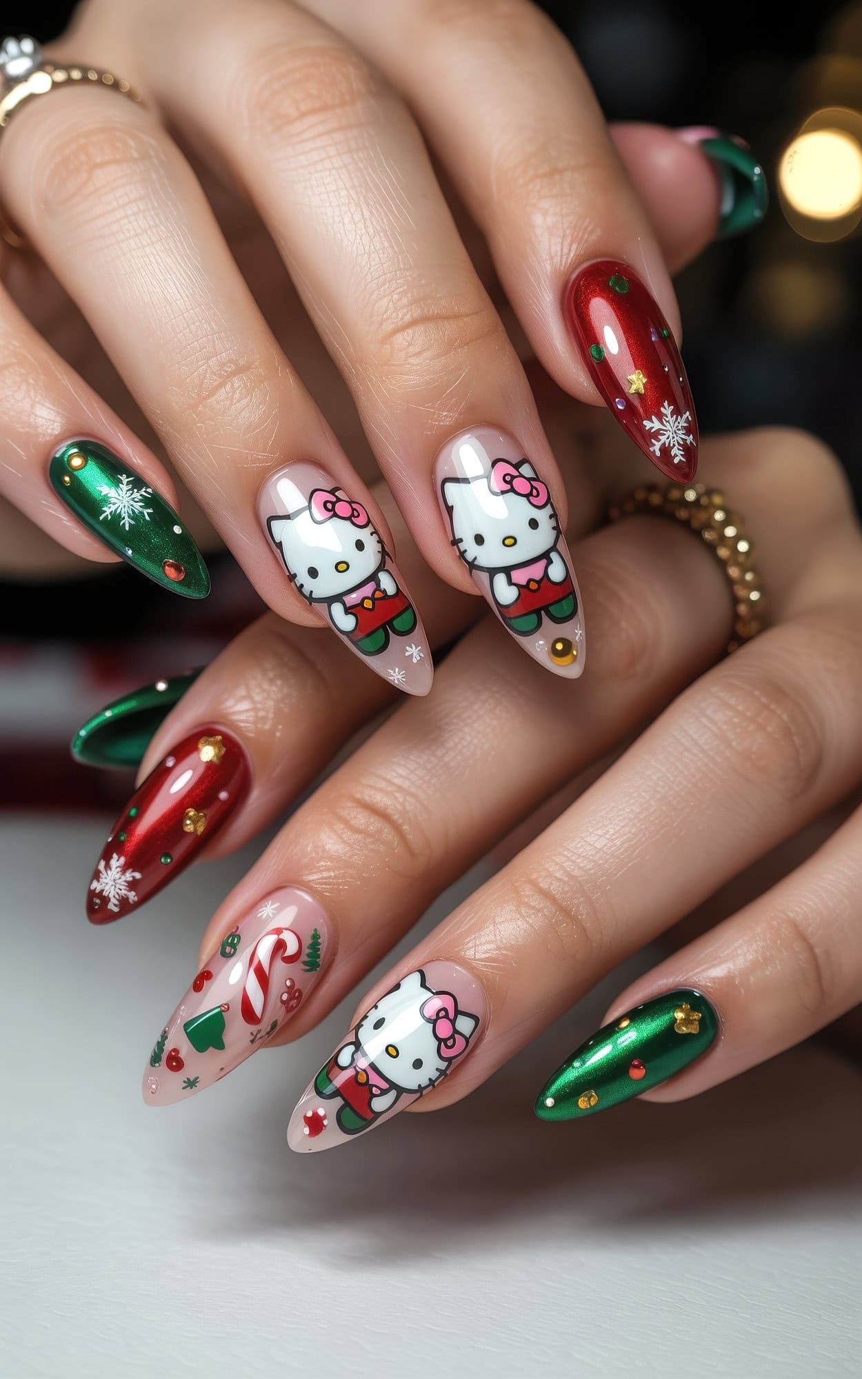 Long Almond Festive Red and Green Kitty Long Almond Festive Red and Green Kitty β Hello Kitty Christmas Nails 2026