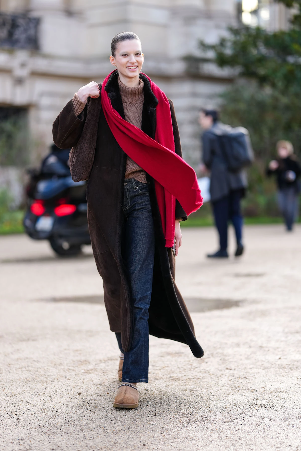 Bright Scarf and Uggs with a Long Brown Coat — Ugg Boots Outfits
