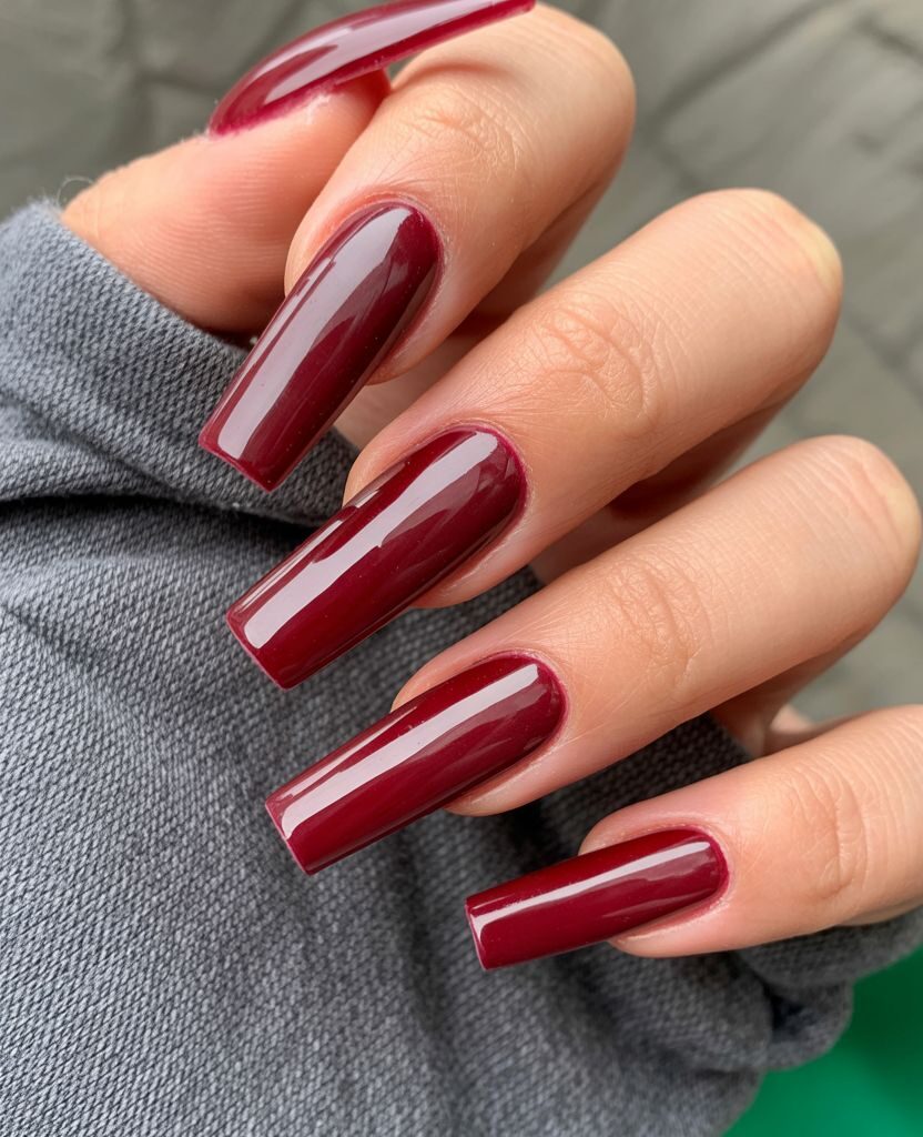 Deep Burgundy Glossy Coffin Nails Deep Burgundy Glossy Coffin Nails β Long Winter Coffin Nails