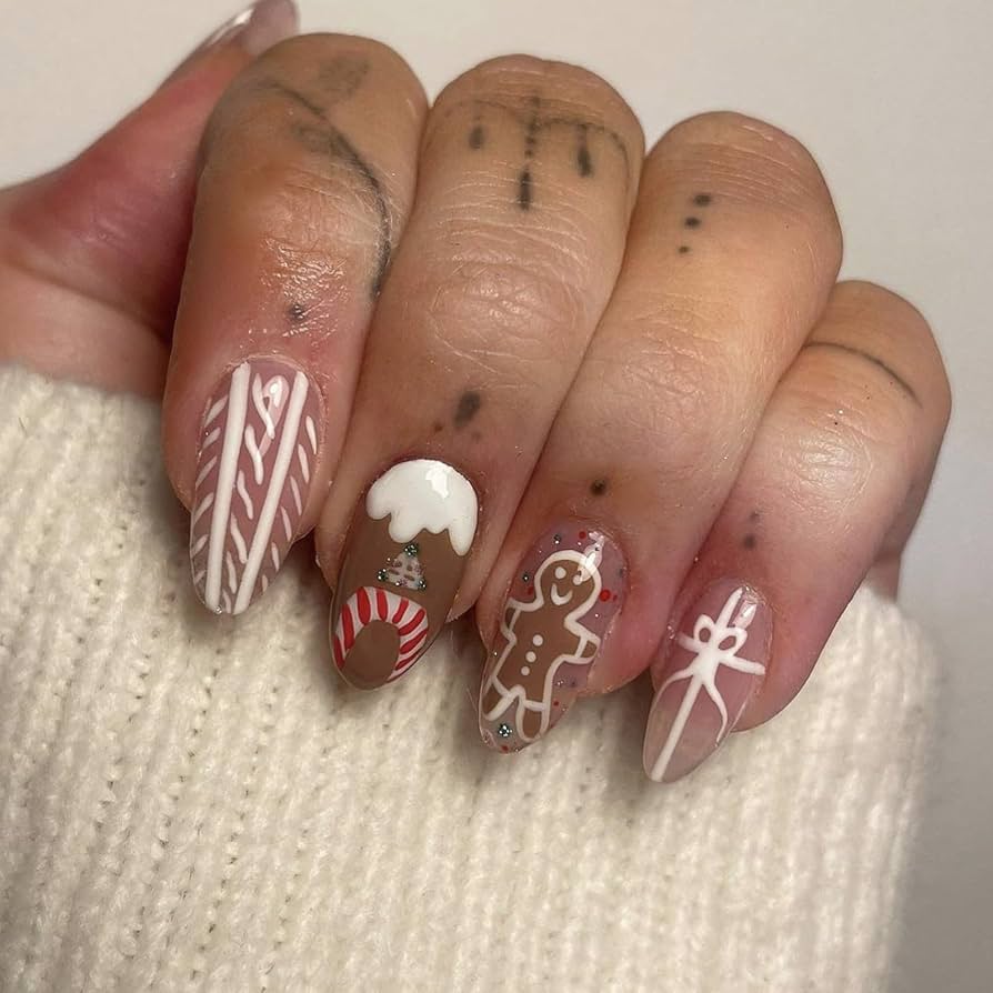 Christmas Character Art on Nude Base Christmas Character Art on Nude Base β Christmas Almond Nails 2026