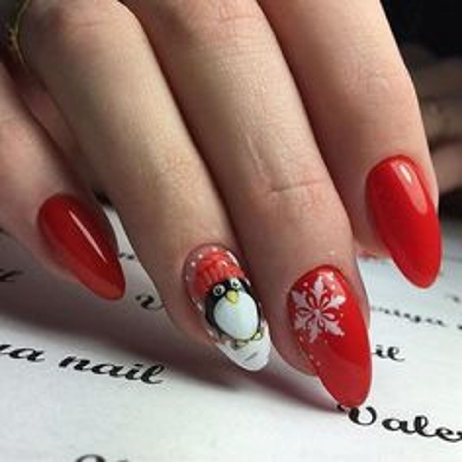 Red with Penguin and Snowflake Art — Winter Red Nails