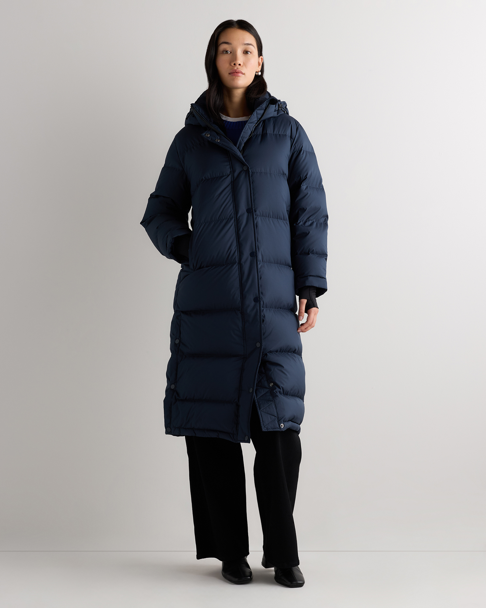 Navy Longline Puffer Jacket Over Turtleneck for Effortless Everyday Chic — Winter Jackets for Women