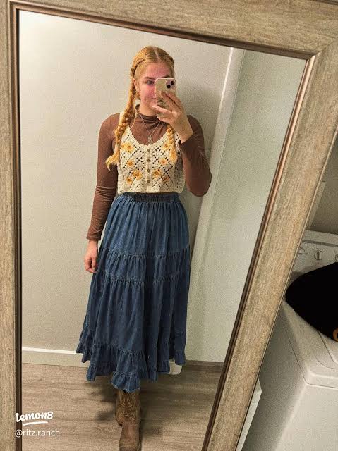 Crochet Vest with Tiered Denim Skirt for Western Texture — Western Winter Outfits