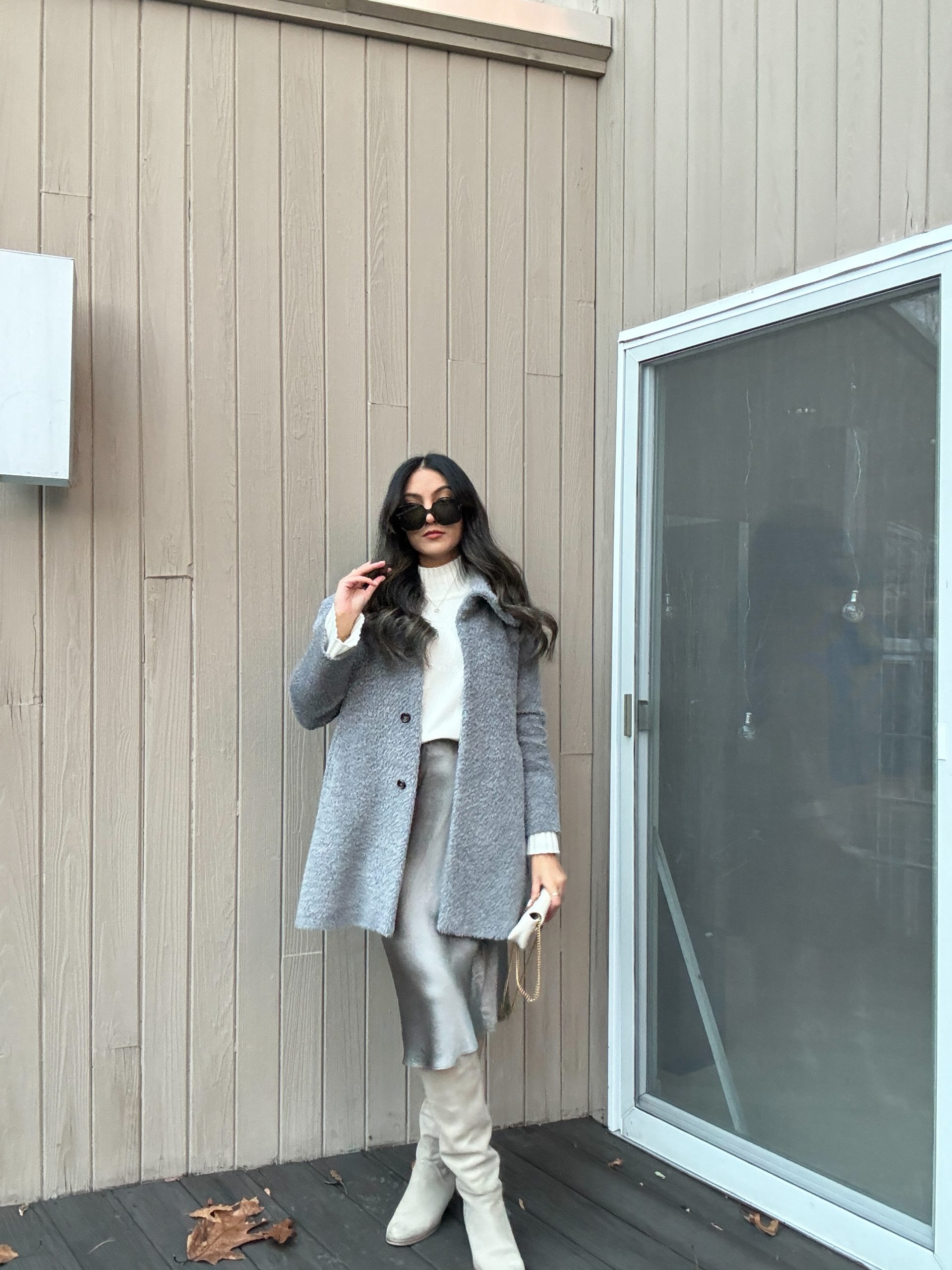 Textured Grey Coat with Satin Skirt and Knee-High Boots — Neutral Winter Outfits