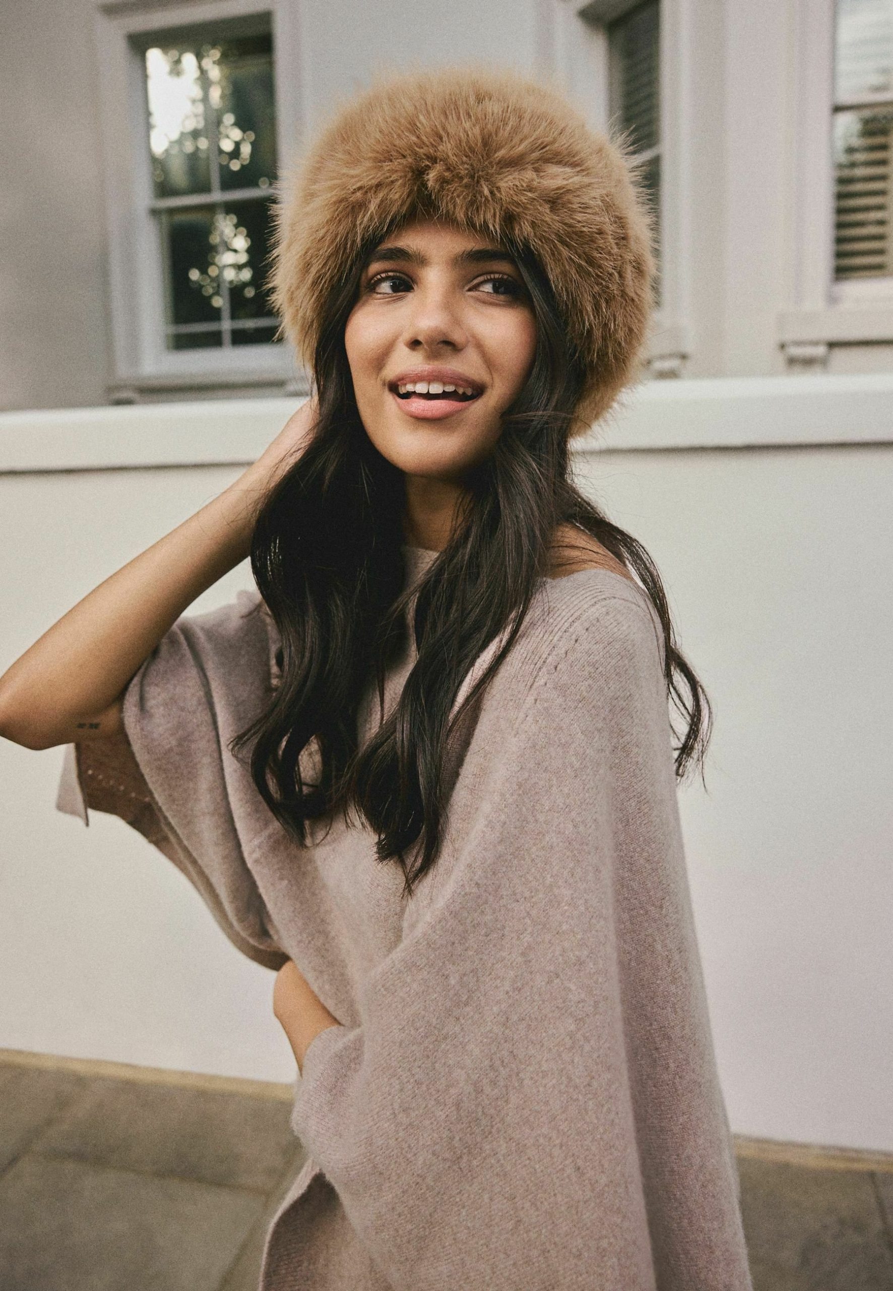 Cozy Fur Hat with Off-the-Shoulder Poncho — Fur Hat Outfits