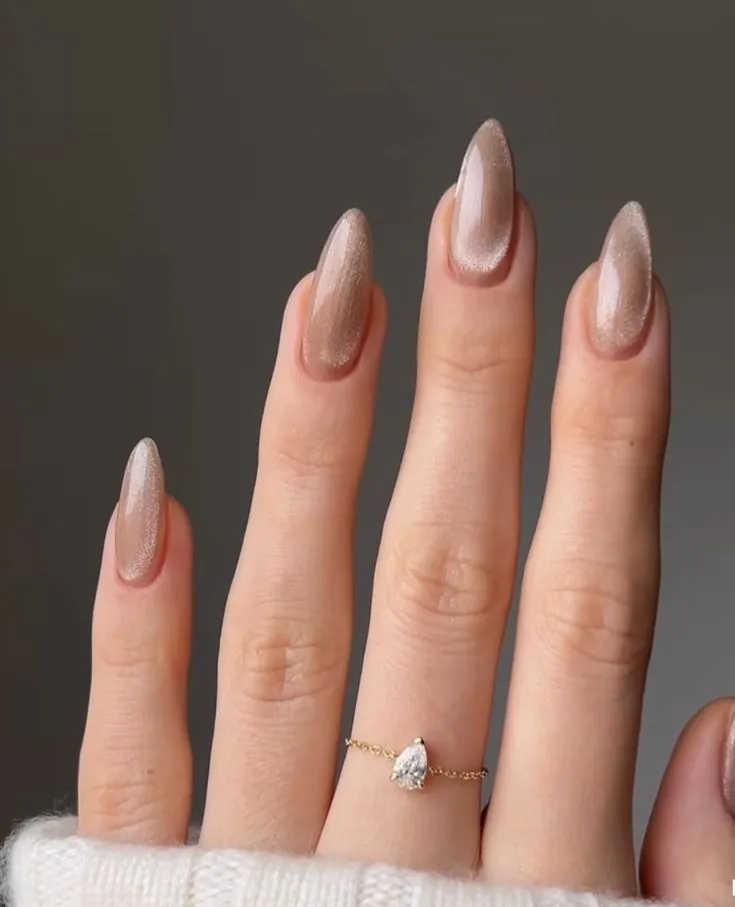 Light Brown Cat-Eye Shimmer Light Brown Cat-Eye Shimmer β Long Winter Almond Nails