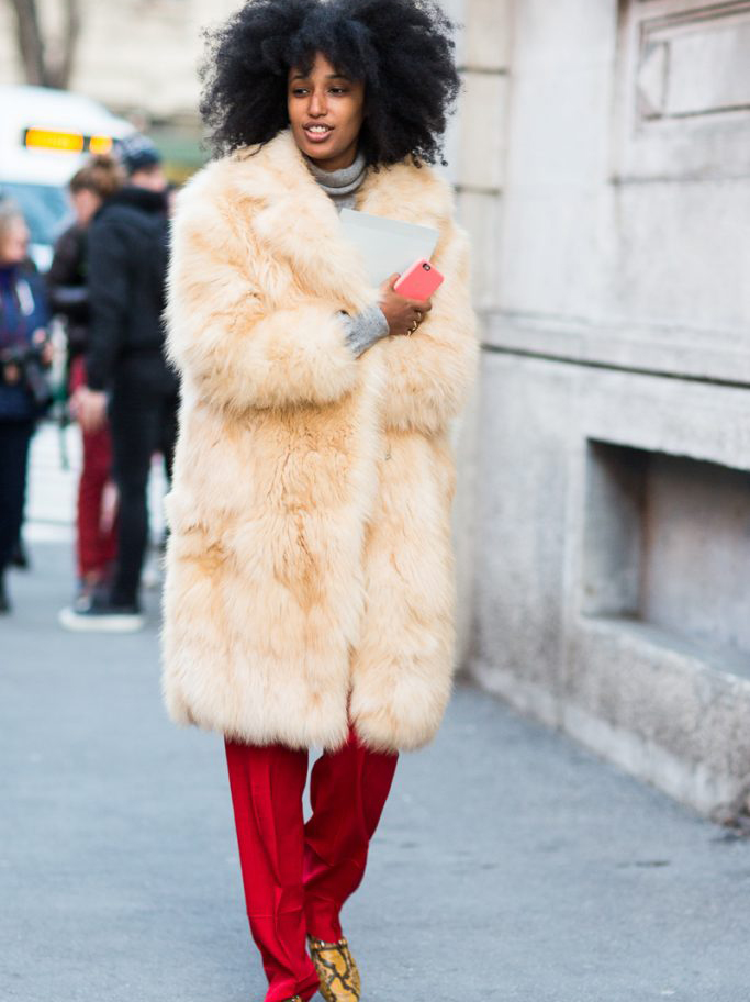 Long Cream Fur Coat with Red Velvet Pants — Cute Winter Outfits