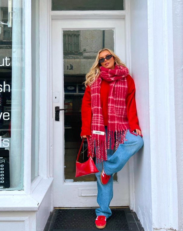Vibrant Red Sweater and Plaid Scarf with Wide-Leg Jeans — January Outfits
