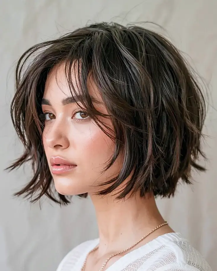 Shaggy Chin Bob with Choppy Bangs Shaggy Chin Bob with Choppy Bangs β Winter Haircuts for Women