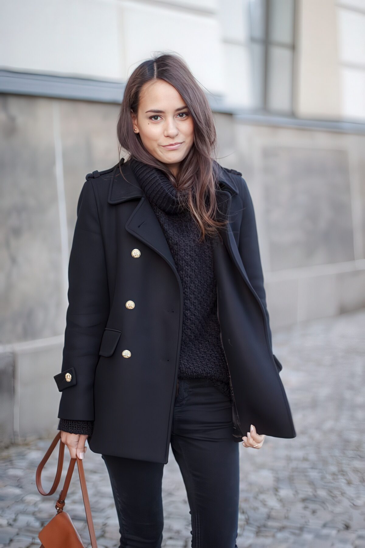 Classic Black Peacoat with Gold Buttons and Jeans Classic Black Peacoat with Gold Buttons and Jeans β Black Coat Outfits