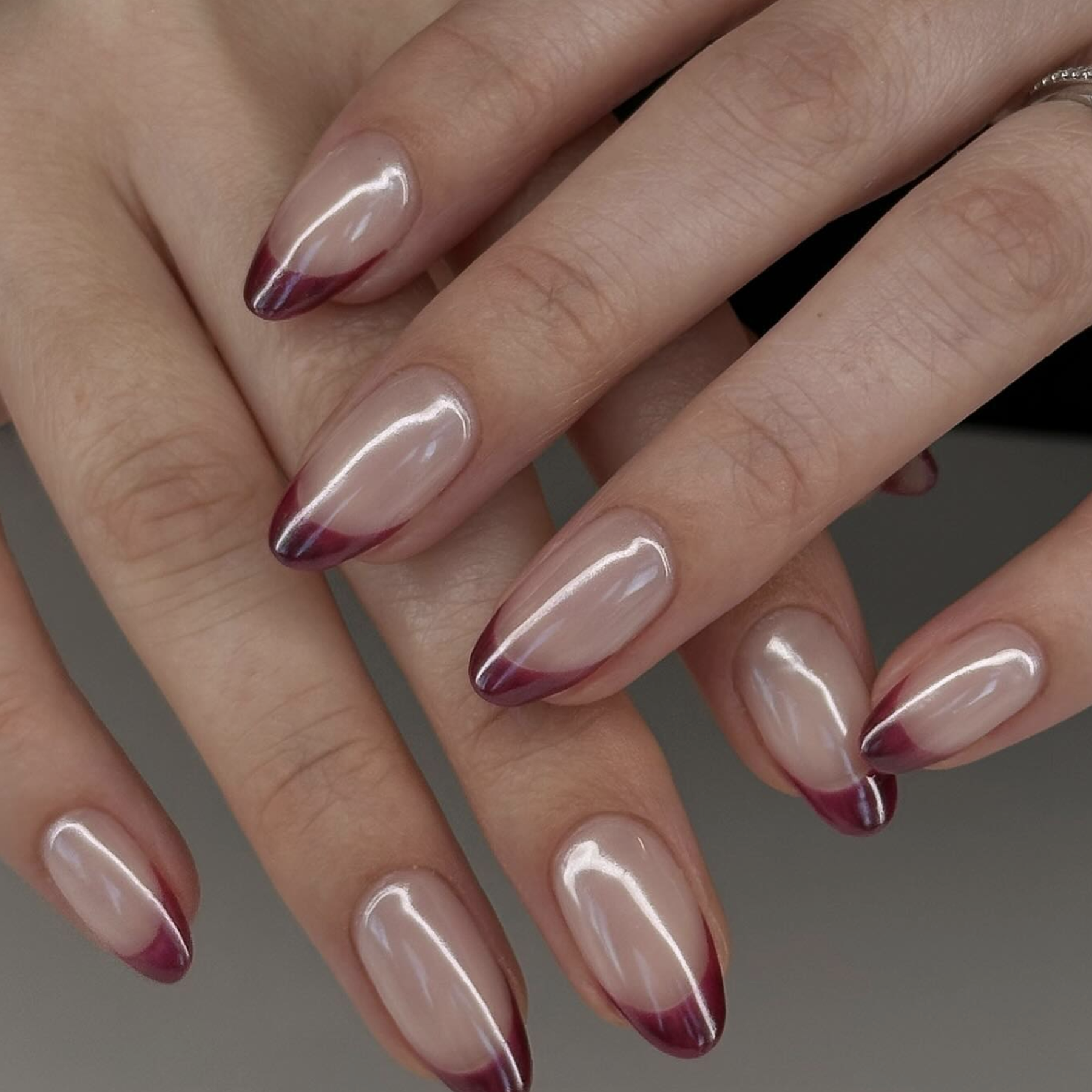 Sheer Pink Glitter French Tip Almonds Sheer Pink Glitter French Tip Almonds β Cherry Red Christmas Nails 2026
