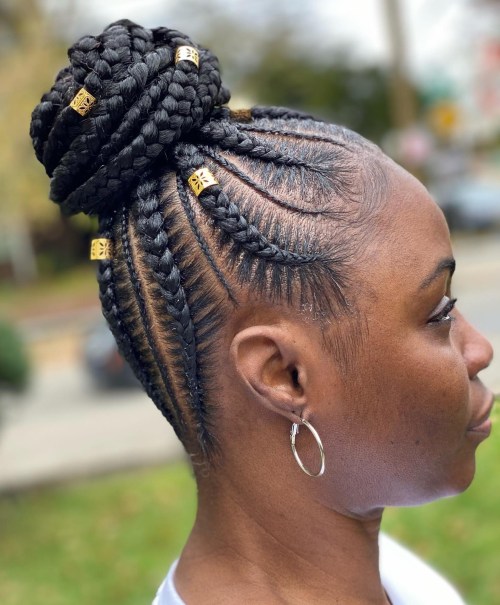 Cornrows With High Bun And Gold Hair Jewelry Cornrows With High Bun And Gold Hair Jewelry β Winter Hairstyles for Black Kids