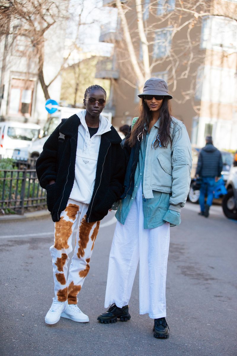 White Hoodie with Black Teddy Jacket and Tie-Dye Pants — Hoodie Outfits