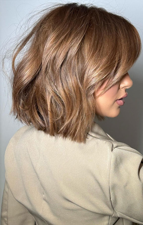 Caramel Blonde Bob Blunt Bangs — Winter Hair Colors for Short Hair