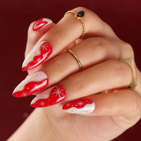 Long Stiletto Red White Wavy French — Winter Nail Designs