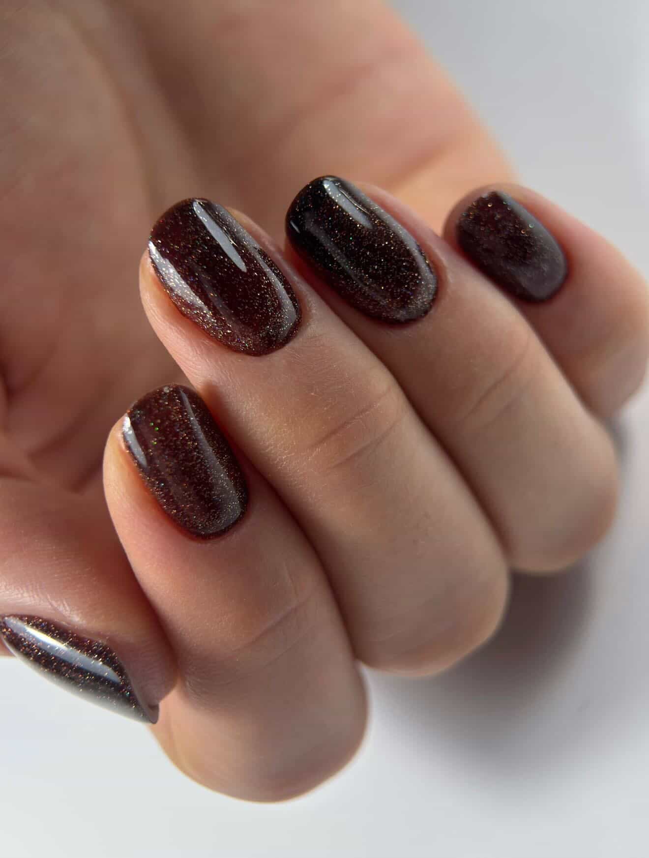 Dark Brown Glitter Short Rounded Square Nails — Chocolate Brown Nails