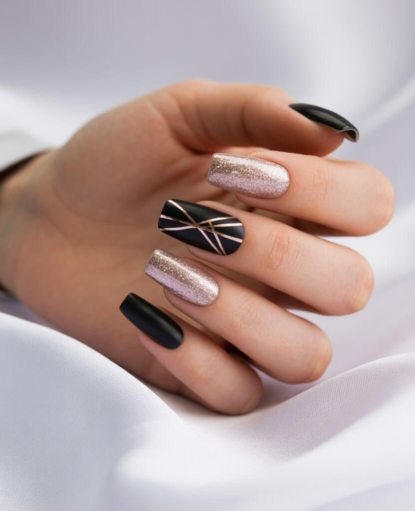 Matte Black with Thin Gold Geometric Lines — Winter Black Nails