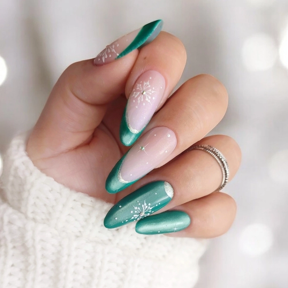 Teal French Tips with Snowflakes — Winter Ombre Nails